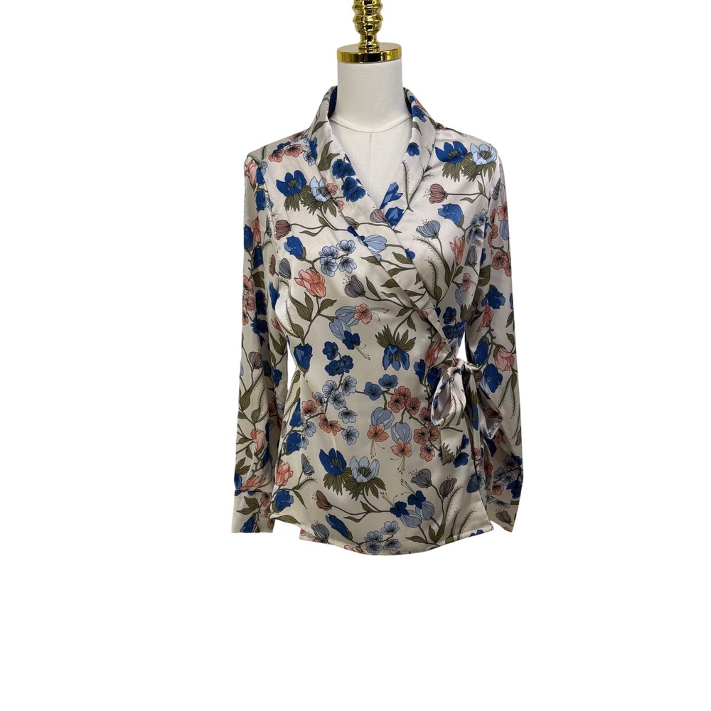 Brave Soul London Womens Satin Floral Wrap Top Cream Blue Long Sleeve Size L NWT